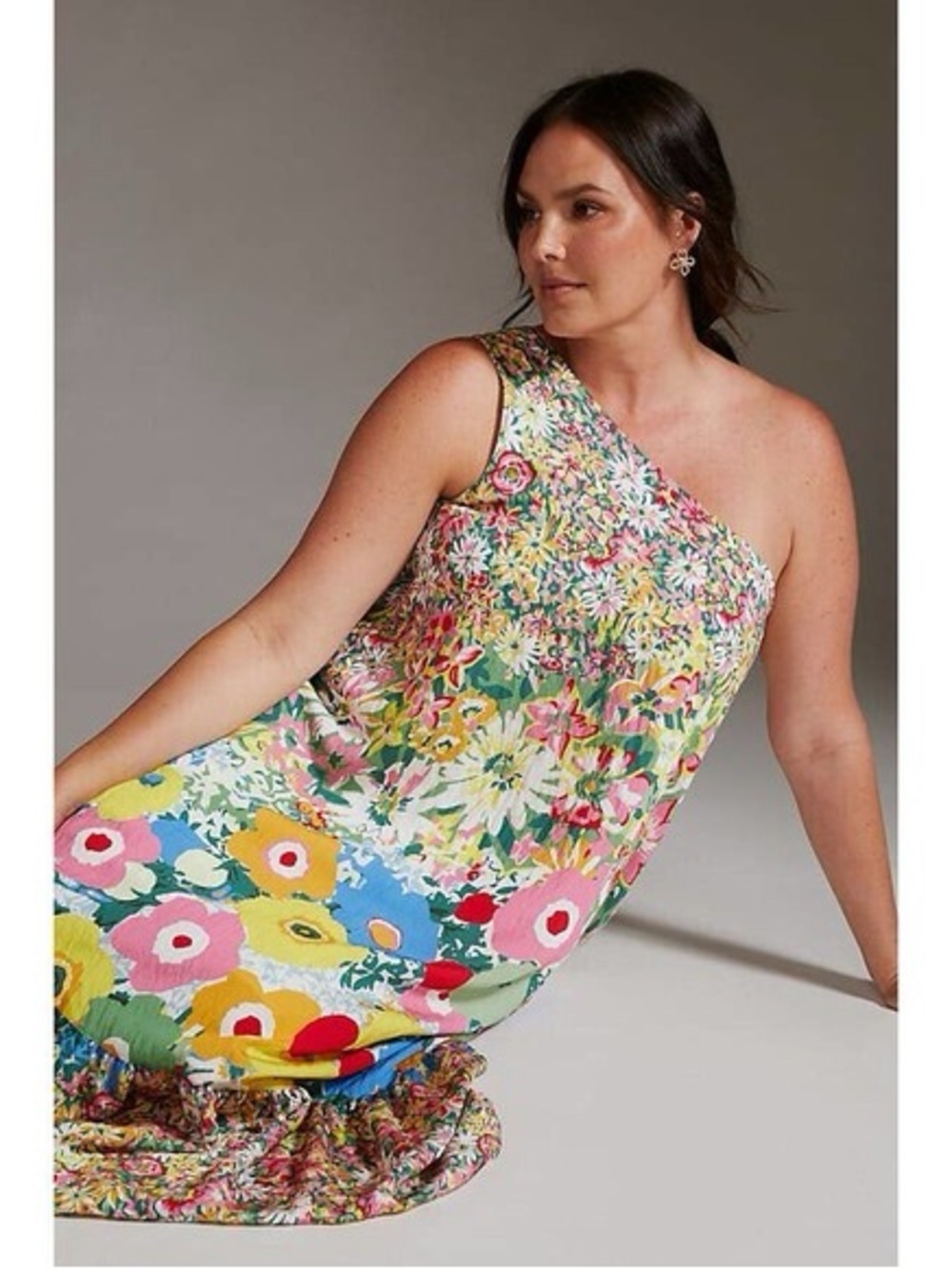 Anthropologie One-Shoulder Floral Maxi Dress in Pink, Yellow, Green, Blue